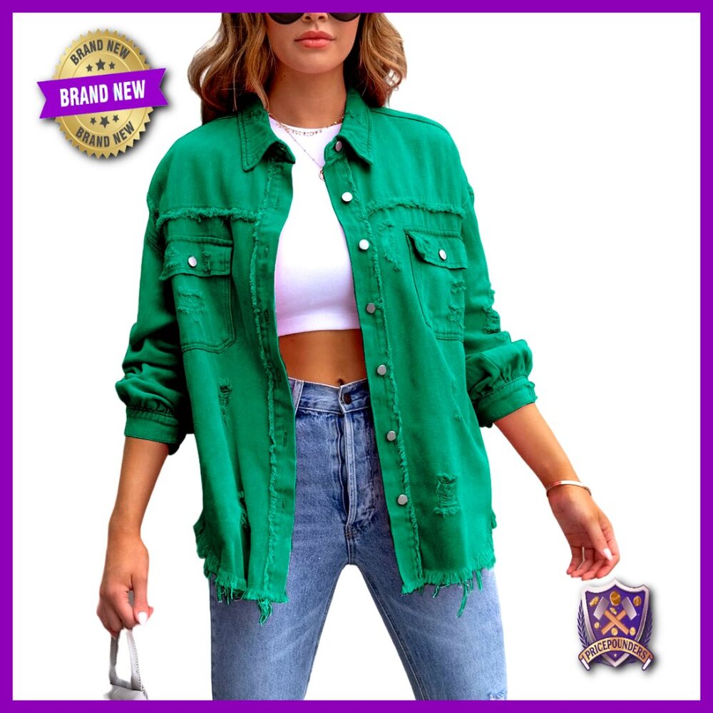 Oversized Ripped Denim Jacket Frayed Hem Button Front Boyfriend Shacket Western